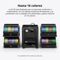 Imprimante 3D Creality K2 SE avec modules CFS affichant 16 couleurs de filament, quatre boîtiers latéraux de bobines et châssis central compact noir
