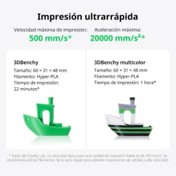 Comparatif 3DBenchy: modèle vert monochrome vs multicolore à rayures noires et vertes, indiquant vitesses 500 mm/s et 20000 mm/s², temps 22 min et 1 h*