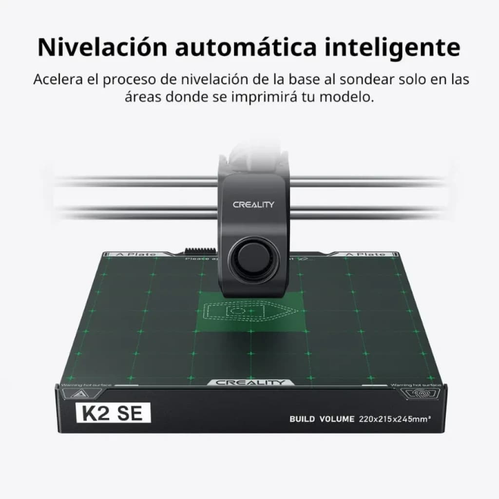 Plateau K2 SE avec grille verte 220×215×245 mm, module Creality central, tiges métalliques horizontales, texte Nivelación automática inteligente en haut