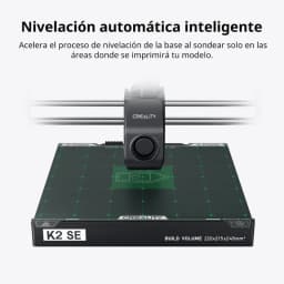 Plateau K2 SE avec grille verte 220×215×245 mm, module Creality central, tiges métalliques horizontales, texte Nivelación automática inteligente en haut