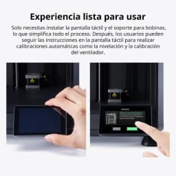 Écran tactile couleur montrant l’interface de vérification auto, avec main l’utilisant; module d’impression noir en arrière-plan avec détails