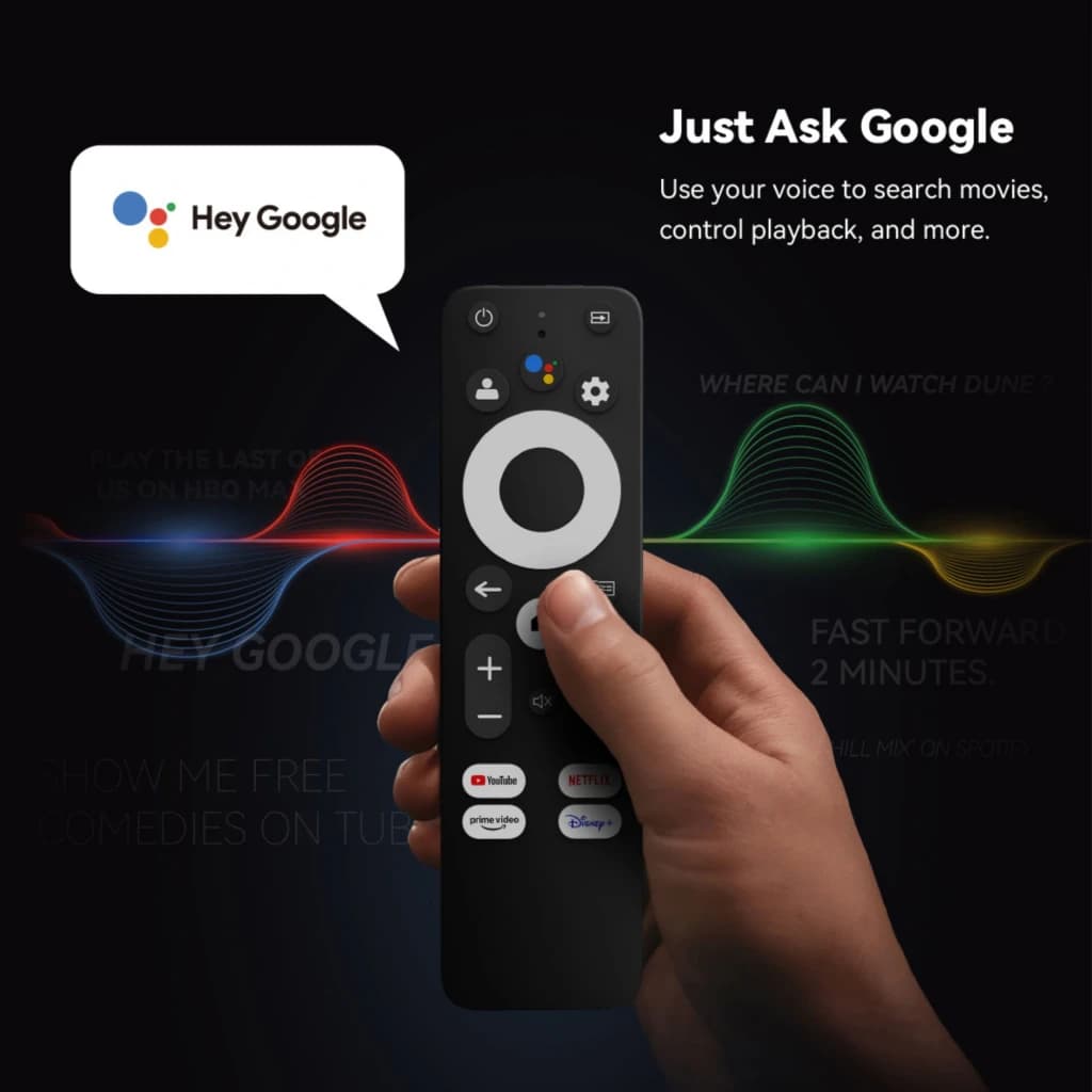 Controle remoto do projetor Wanbo ToGo Pro com microfone Google Assistente, botões de navegação circulares, atalhos de apps e design preto ergonômico