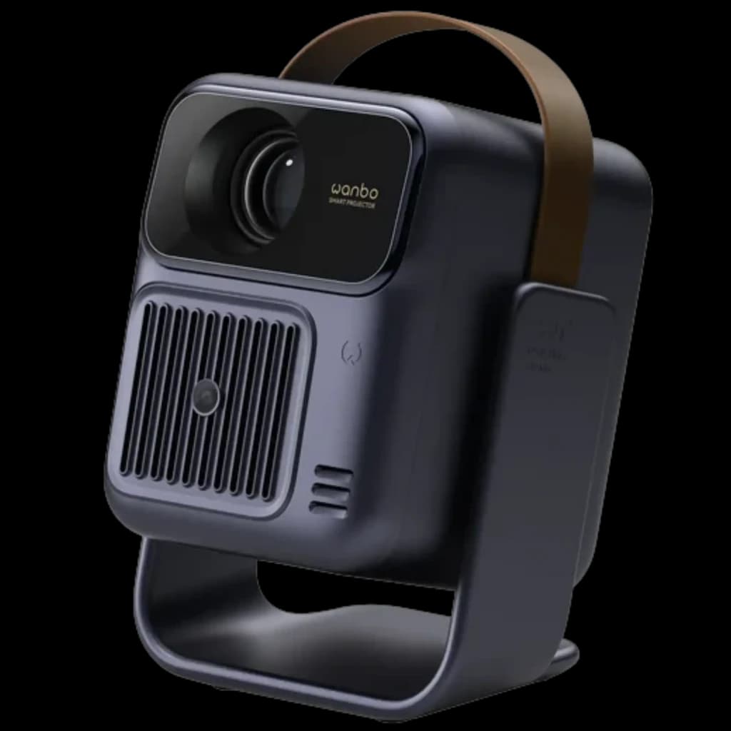 Projetor portátil Wanbo ToGo Pro 1080p, corpo compacto em preto, lente frontal destacada, alça marrom, grelha de ventilação e base estável