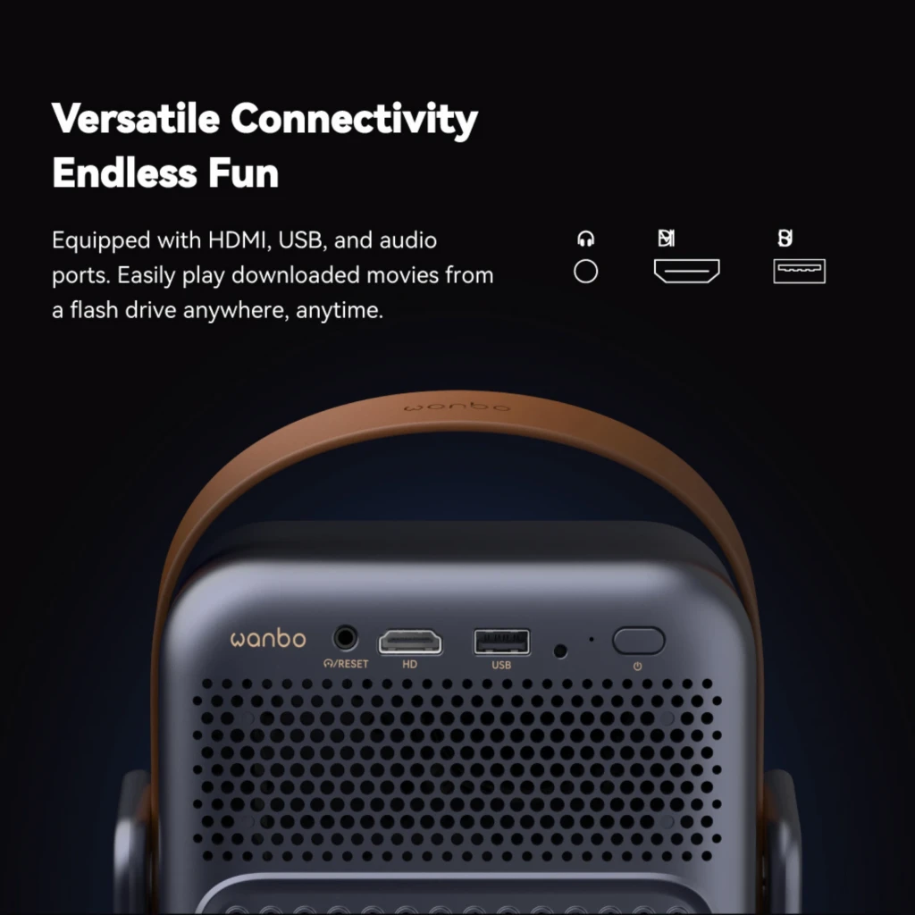 Proyector portátil Wanbo ToGo Pro 1080p, carcasa azul oscuro con asa marrón, lente frontal destacada y rejilla de ventilación grande para mejor enfriamiento - Ítem13