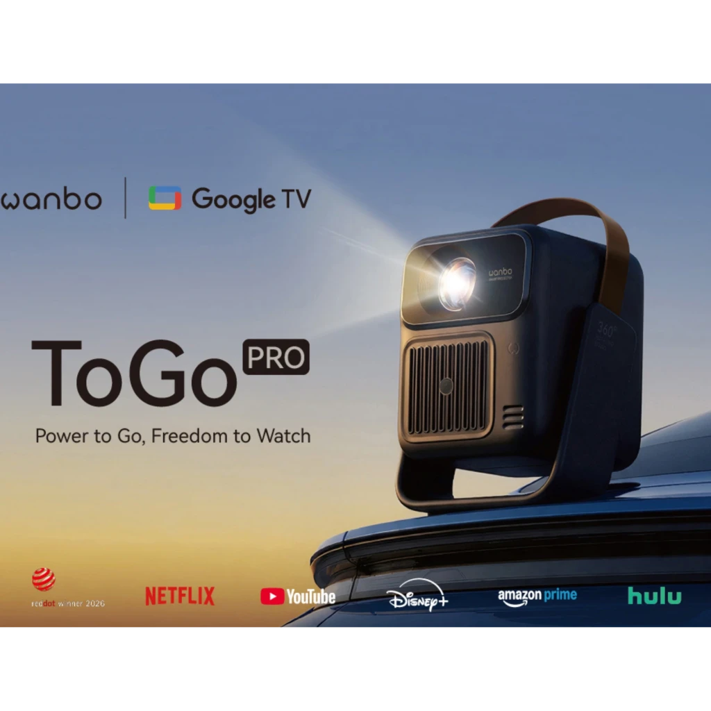 Proyector portátil Wanbo ToGo Pro 1080p, carcasa azul oscuro con asa marrón, lente frontal destacada y rejilla de ventilación grande para mejor enfriamiento - Ítem1