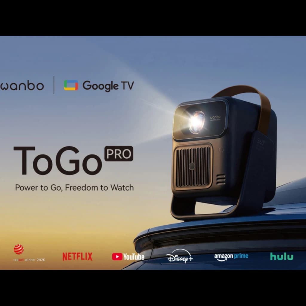 Projetor portátil Wanbo ToGo Pro 1080p, 500 ANSI lúmens, design compacto com alça marrom, lente frontal iluminada e grelha de ventilação central