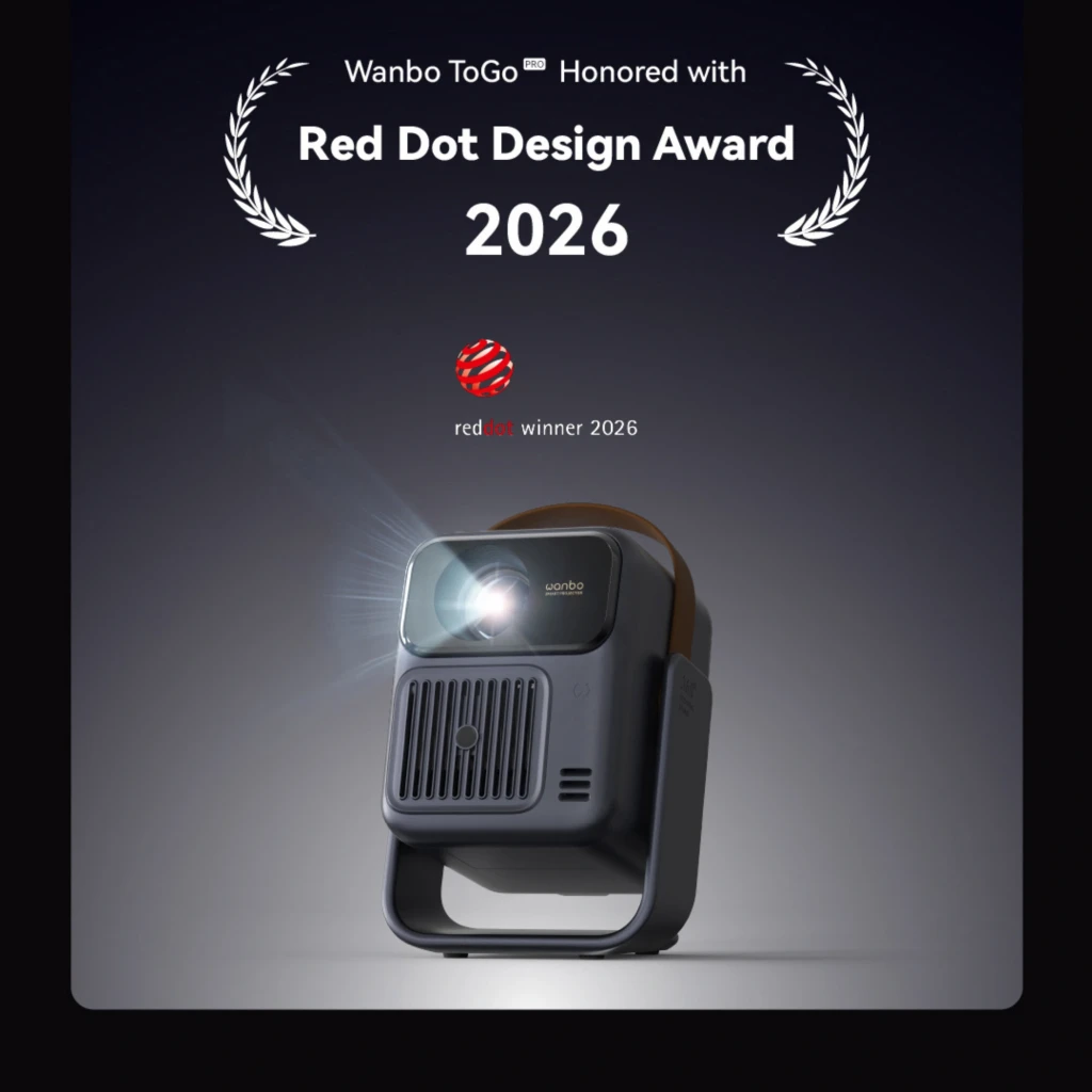 Proyector portátil Wanbo ToGo Pro 1080p, carcasa azul oscuro con asa marrón, lente frontal destacada y rejilla de ventilación grande para mejor enfriamiento - Ítem4