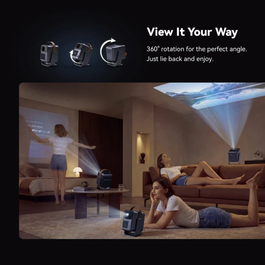 Proyector portátil Wanbo ToGo Pro 1080p, carcasa azul oscuro con asa marrón, lente frontal destacada y rejilla de ventilación grande para mejor enfriamiento - Ítem5