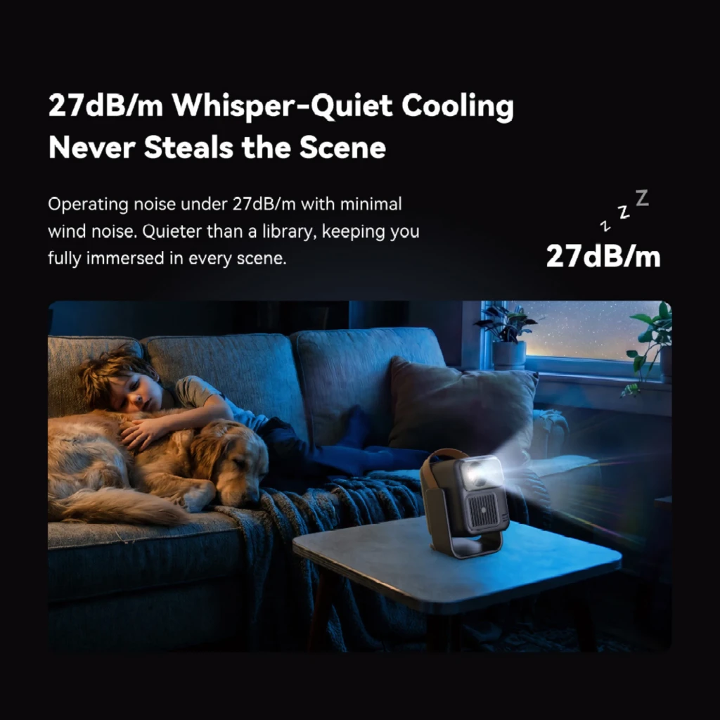 Proyector portátil Wanbo ToGo Pro 1080p, carcasa azul oscuro con asa marrón, lente frontal destacada y rejilla de ventilación grande para mejor enfriamiento - Ítem6