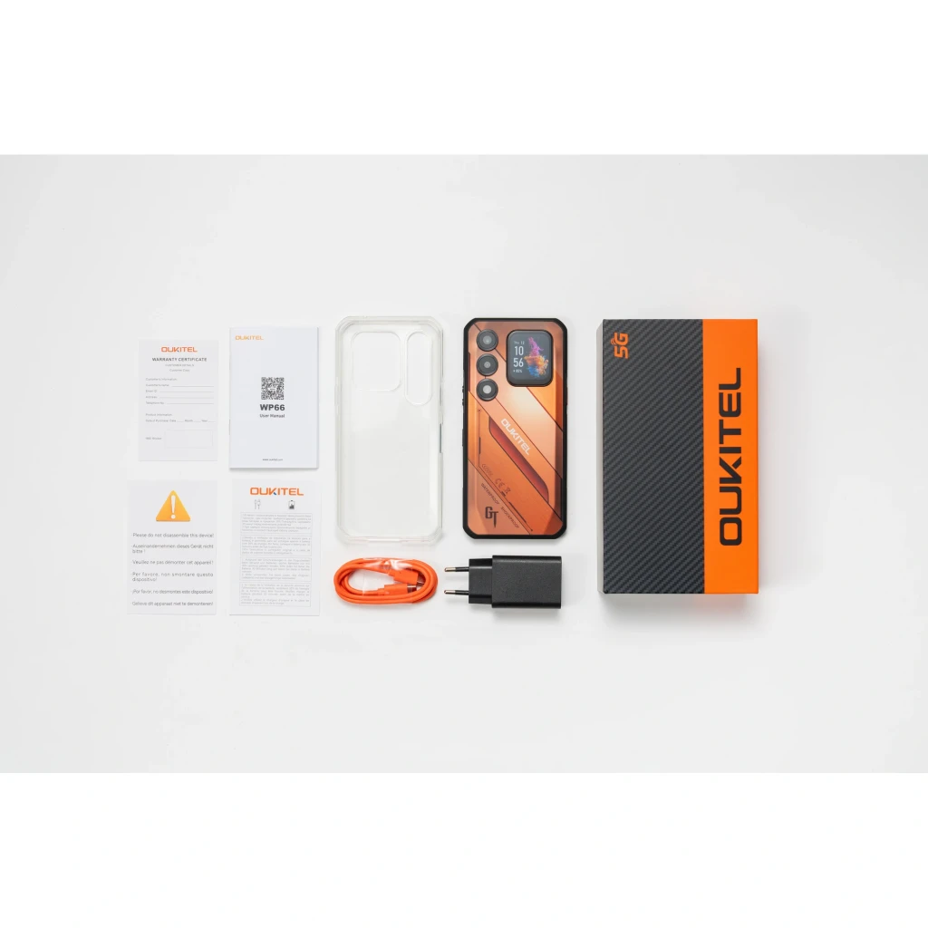 Oukitel WP66 5G preto robusto com corpo rugged, três câmeras traseiras destacadas, tela grande sem bordas finas e detalhes GT, resistente à água e impactos - Item5