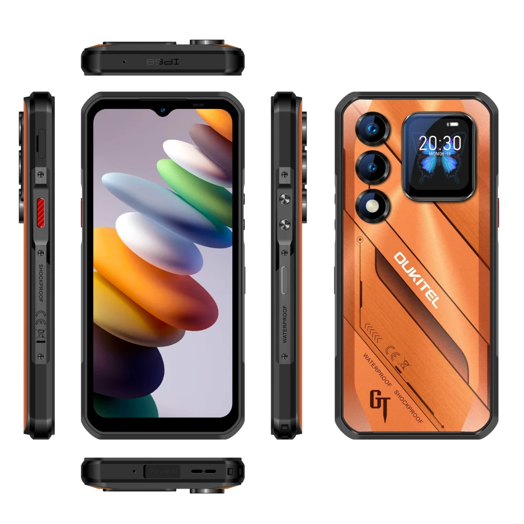 Oukitel WP66 5G preto robusto com corpo rugged, três câmeras traseiras destacadas, tela grande sem bordas finas e detalhes GT, resistente à água e impactos - Item1