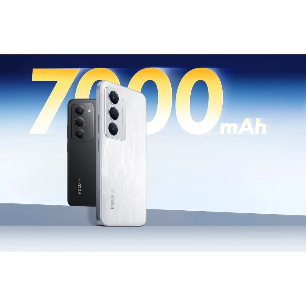 Xiaomi Poco M8s 5G preto e branco com traseira texturizada, módulo triplo de câmeras saliente e destaque para bateria 7000 mAh em tipografia grande