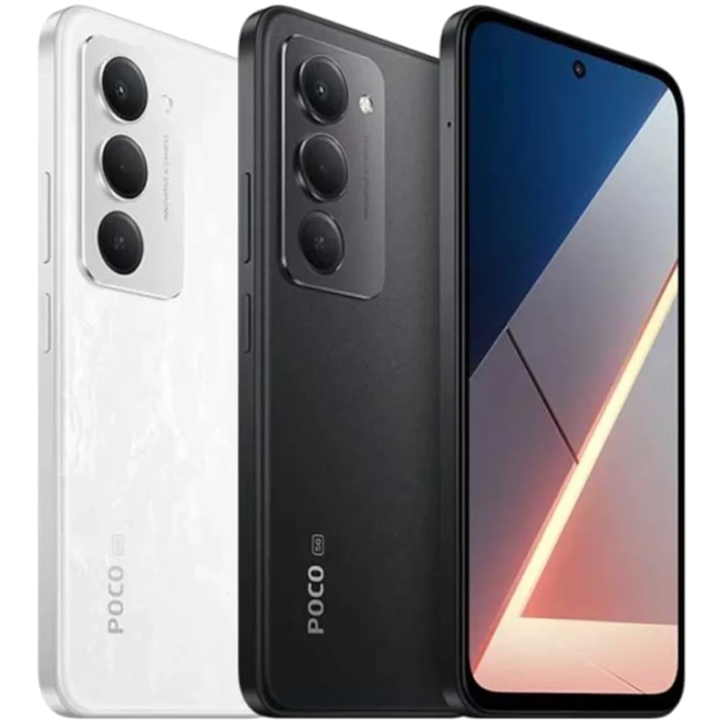 Xiaomi Poco M8s 5G negro con pantalla FullHD+ sin marcos y cámara frontal en orificio; triple cámara trasera vertical y logo POCO 5G en el lateral trasero - Ítem4