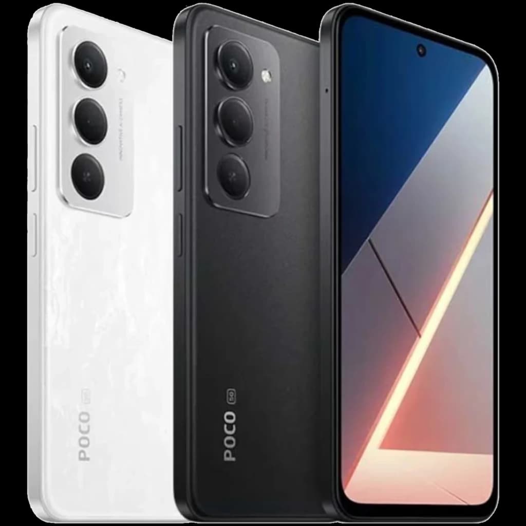 Xiaomi Poco M8s 5G preto com ecrã FullHD+ sem bordas, furo central para câmara, traseira mate com três câmaras verticais e logo POCO 5G