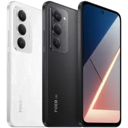 Xiaomi Poco M8s 5G preto com ecrã FullHD+ sem bordas, furo central para câmara, traseira mate com três câmaras verticais e logo POCO 5G