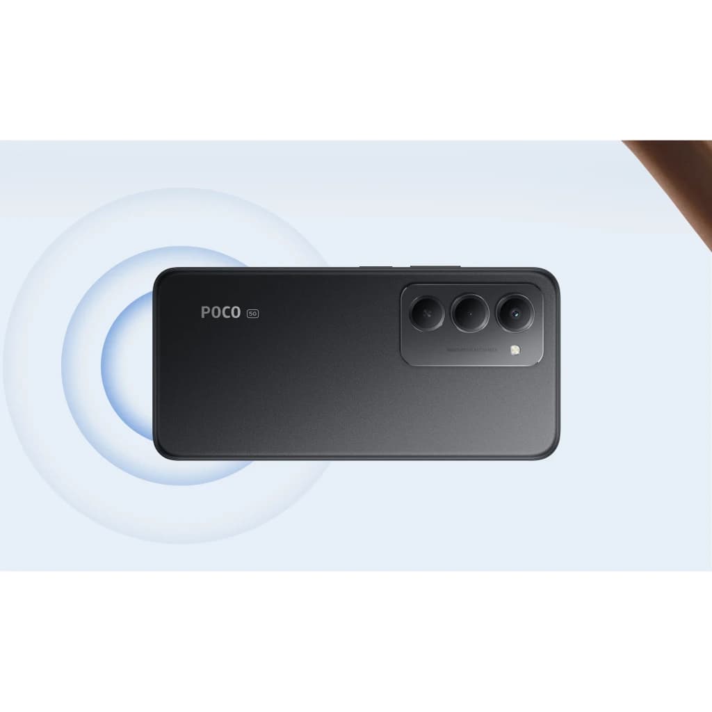Xiaomi Poco M8s 5G preto com traseira fosca, módulo de câmera tripla alinhada à direita e flash, design minimalista e cantos arredondados