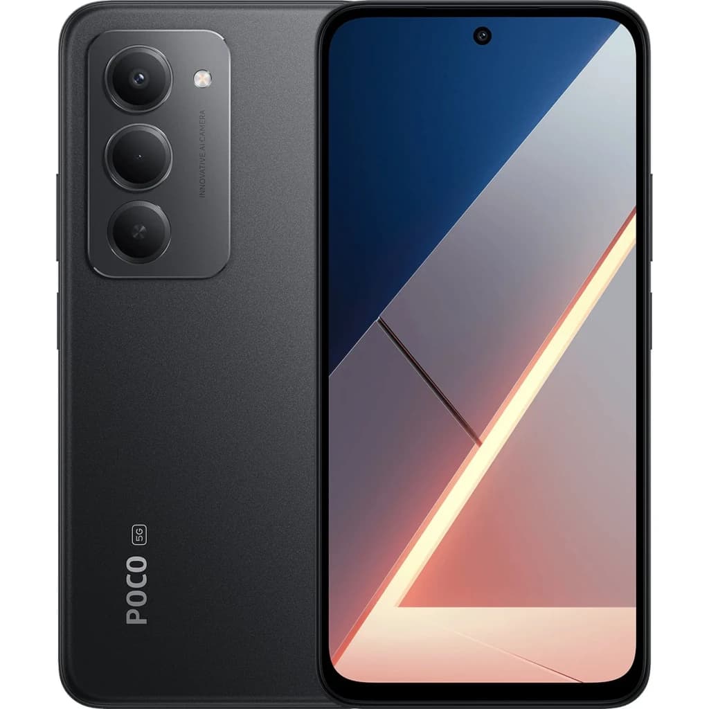 Xiaomi Poco M8s 5G preto com ecrã FullHD+ perfurado ao centro, três câmaras traseiras em módulo vertical e acabamentos foscos elegantes