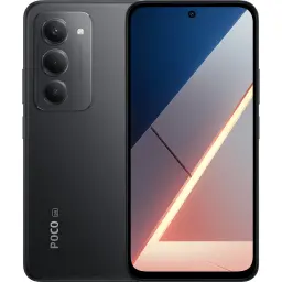 Xiaomi Poco M8s 5G preto com ecrã FullHD+ perfurado ao centro, três câmaras traseiras em módulo vertical e acabamentos foscos elegantes
