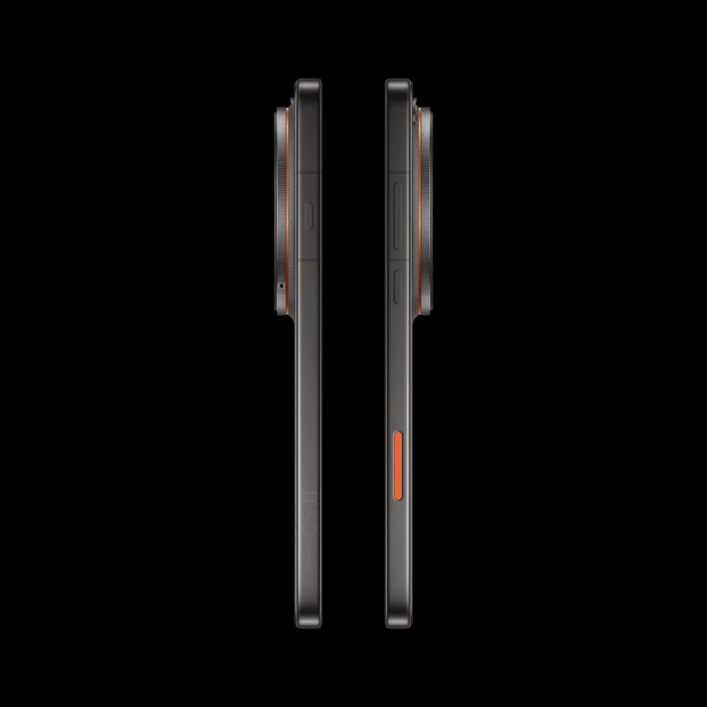 Perfil lateral del Oppo Find X9 Ultra 5G en Tundra Umber con módulo de cámara prominente circular y botón naranja destacado en el marco elegante y delgado