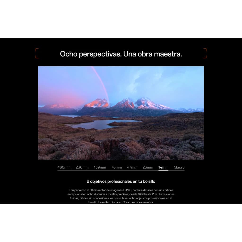 Écran affichant 8 focales pro: 460 mm à Macro, paysages montagneux au crépuscule avec arc-en-ciel, couleurs vives et détails nets, style Hasselblad