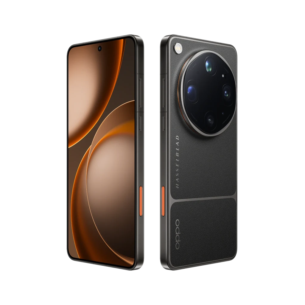 Oppo Find X9 Ultra 5G Tundra Umber com traseira em couro sintético, módulo circular Hasselblad proeminente, tela curva ampla e botões laterais laranja - Item1