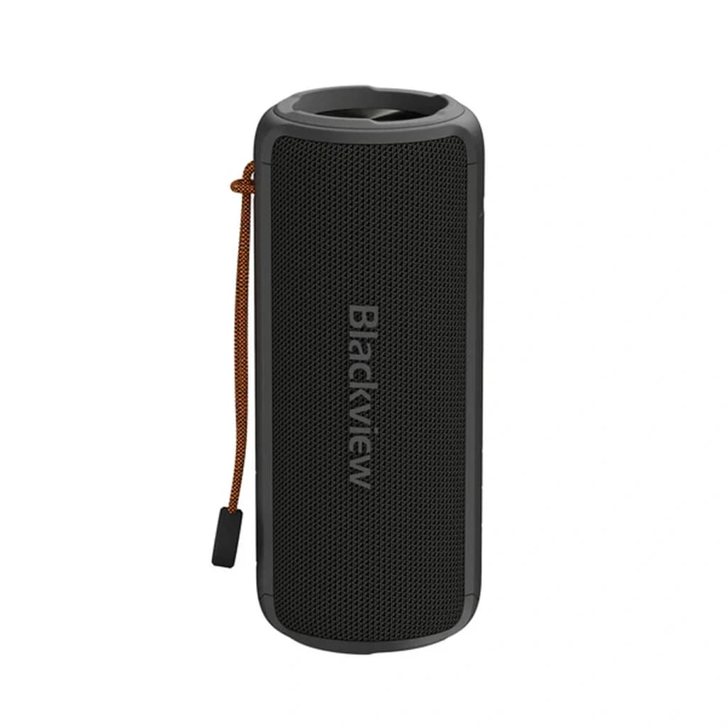 Blackview AuraBass 3 20 W Noir enceinte portable cylindrique, grille en maille noire, logo central, lanière orange, bords caoutchoutés pour prise sûre