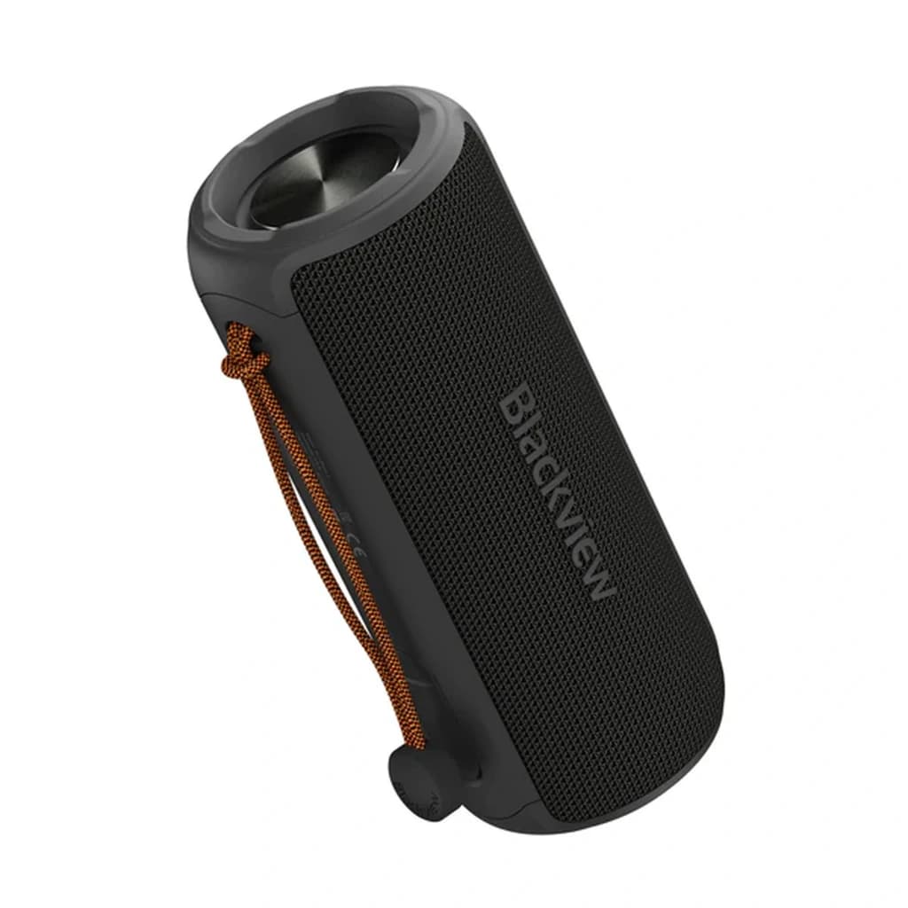 Blackview AuraBass 3 20 W Noir, enceinte portable cylindrique avec grille mesh noire, passif latéral argenté, sangle orange tressée et bouton latéral