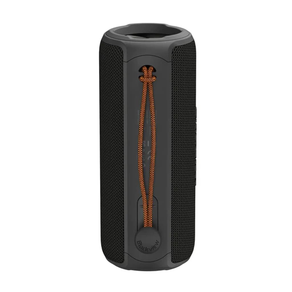 Blackview AuraBass 3 20 W Noir, enceinte cylindrique portable avec maille noire, grille latérale, lanière orange tressée et commandes discrètes sur le