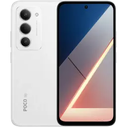 Xiaomi Poco M8s 5G branco com traseira fosca, módulo triplo de câmeras verticais, flash lateral e tela frontal com furo central e bordas finas