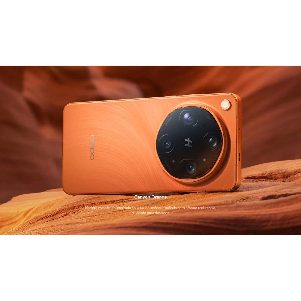 Oppo Find X9 Ultra 5G Canyon Orange com traseira em couro sintético, módulo circular Hasselblad proeminente, tela curva ampla e botões laterais laranja - Item11