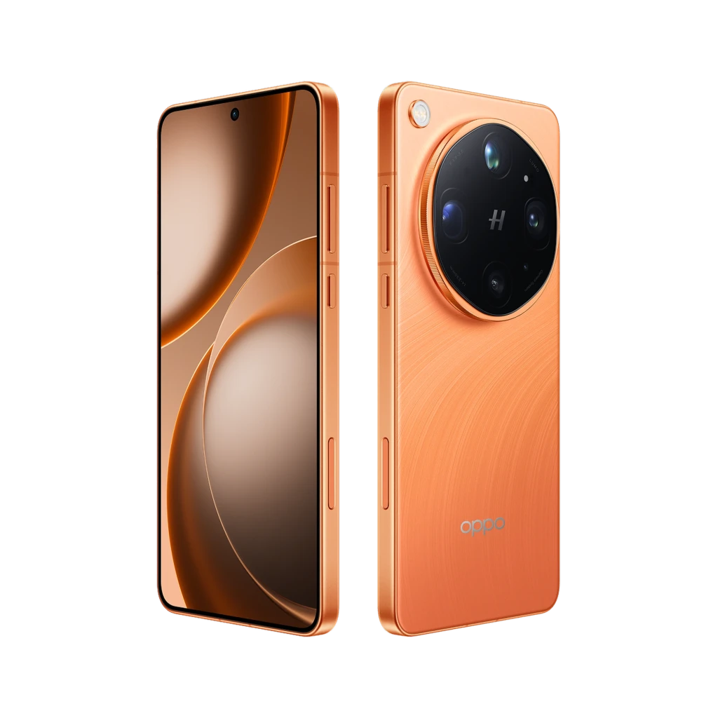 Oppo Find X9 Ultra 5G Canyon Orange com traseira em couro sintético, módulo circular Hasselblad proeminente, tela curva ampla e botões laterais laranja - Item1