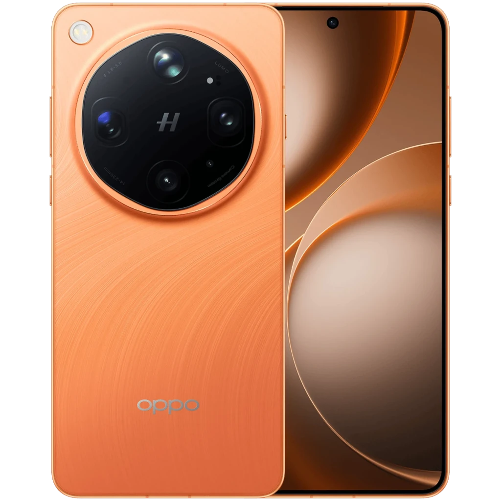 Oppo Find X9 Ultra 5G Canyon Orange com traseira em couro sintético, módulo circular Hasselblad proeminente, tela curva ampla e botões laterais laranja - Item