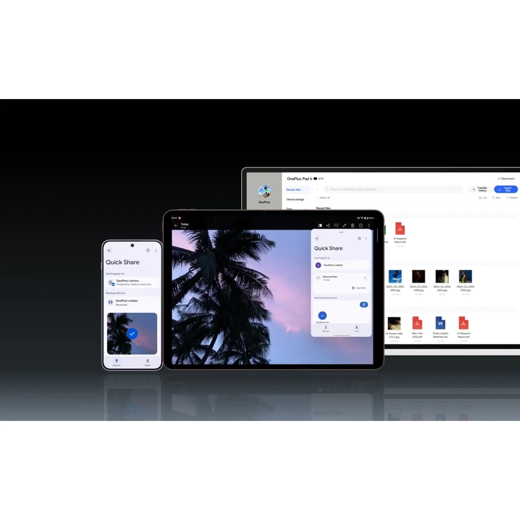 OnePlus Pad 4 WiFi 13.2 polegadas cor Sage Mist com tela ampla sem bordas, interface Quick Share exibida, acompanhado por smartphone e laptop ao fundo