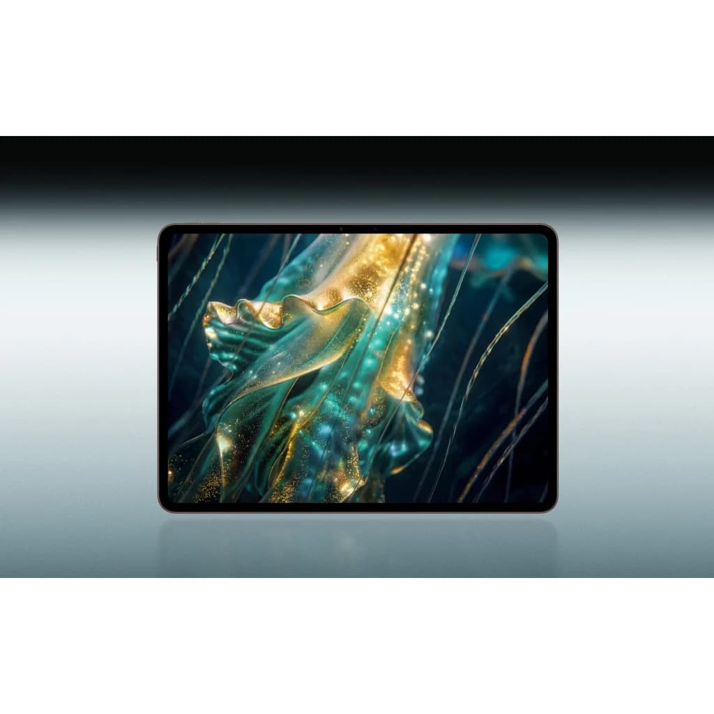 OnePlus Pad 4 WiFi 13.2 polegadas com tela ampla sem bordas visíveis, cores vibrantes e contraste profundo; acabamento Sage Mist elegante