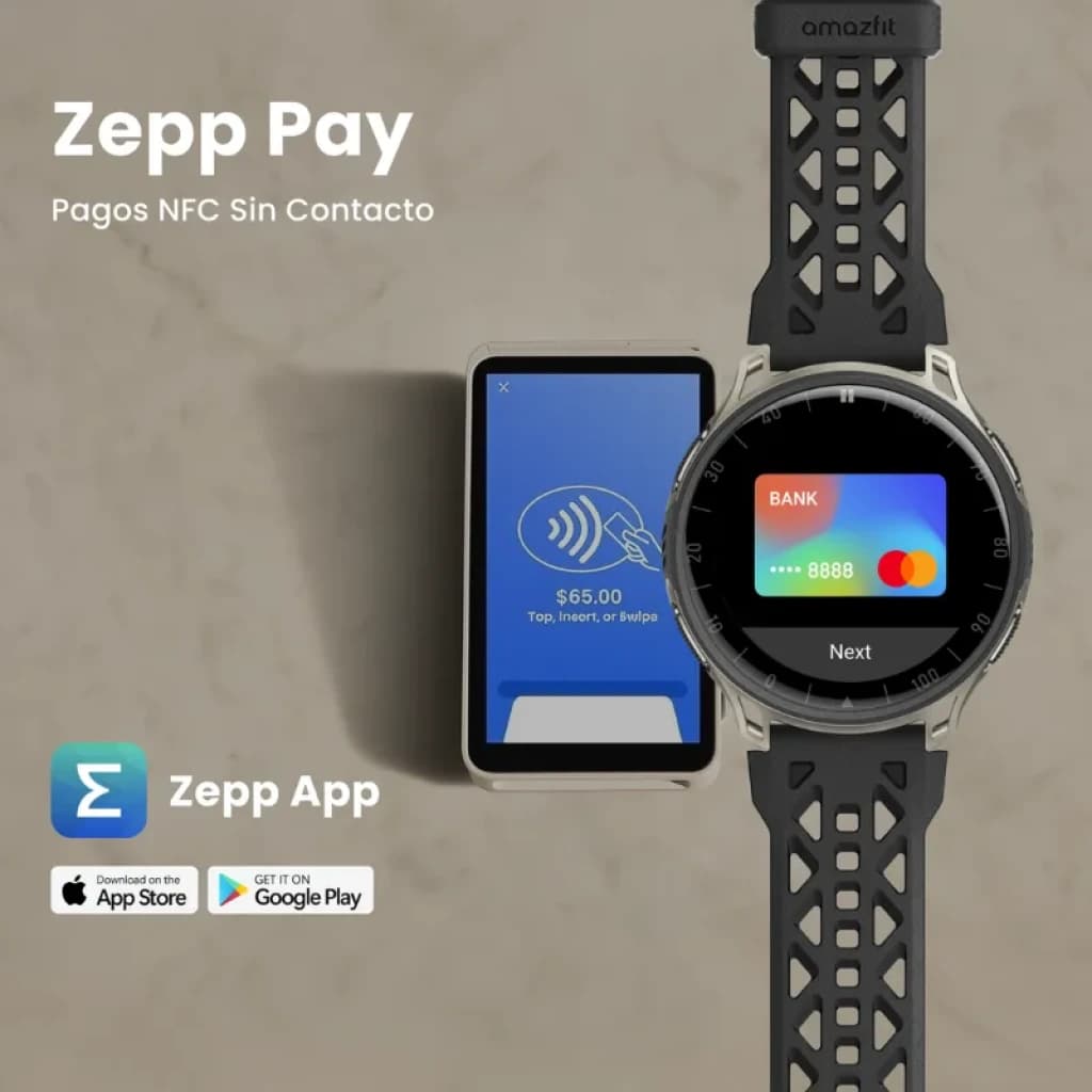 Amazfit Cheetah 2 Pro preto com Zepp Pay NFC ao lado de um smartphone com função de pagamento