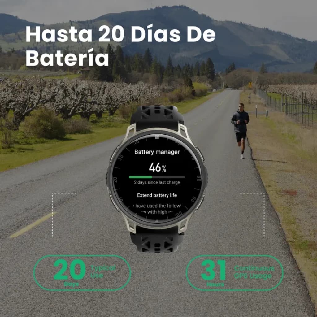 Amazfit Cheetah 2 Pro preto com indicador de bateria e métricas de utilização no ecrã