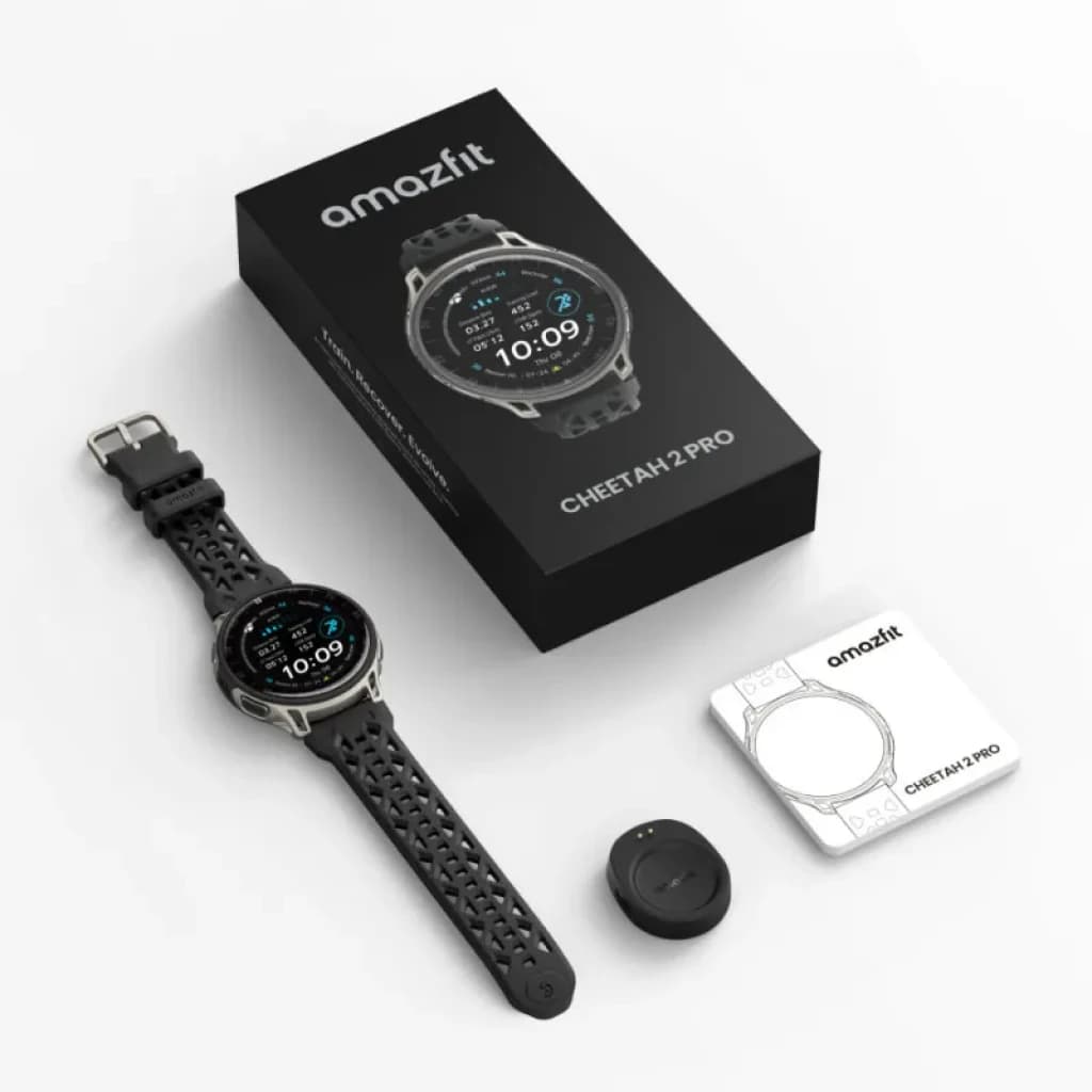 Amazfit Cheetah 2 Pro preto, inclui relógio, caixa, carregador magnético e manual.