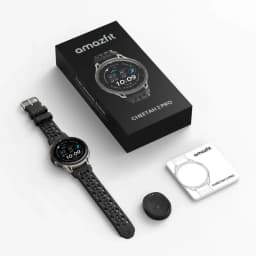 Amazfit Cheetah 2 Pro preto, inclui relógio, caixa, carregador magnético e manual.