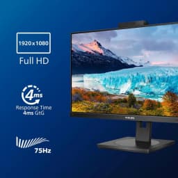 Écran Philips S Line 27 FHD IPS avec bords fins, webcam escamotable, socle réglable et taux de rafraîchissement de 75 Hz ; temps de réponse de 4 ms. Image nette et couleurs vives