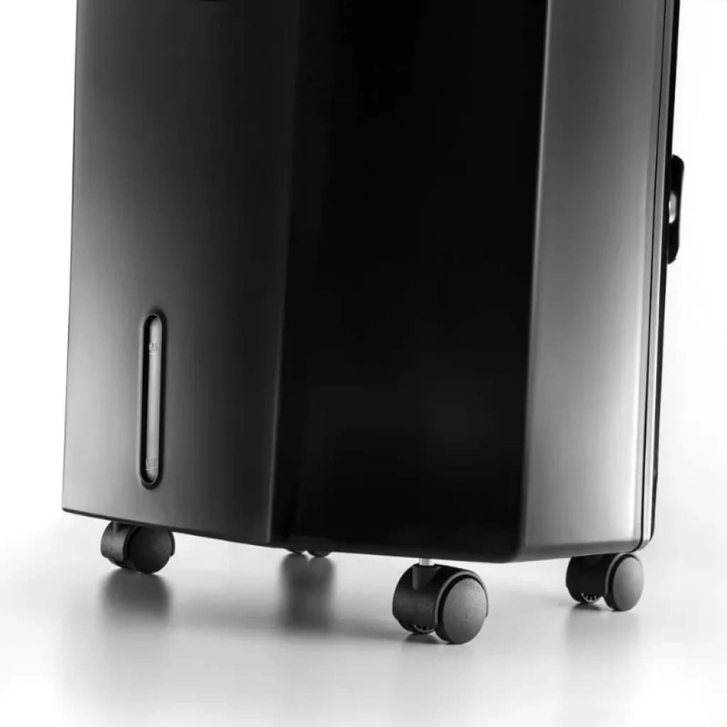 DeLonghi EV250 Noir - Climatiseur évaporatif avec base noire brillante, réservoir visible et quatre roulettes pivotantes pour mobilité facile