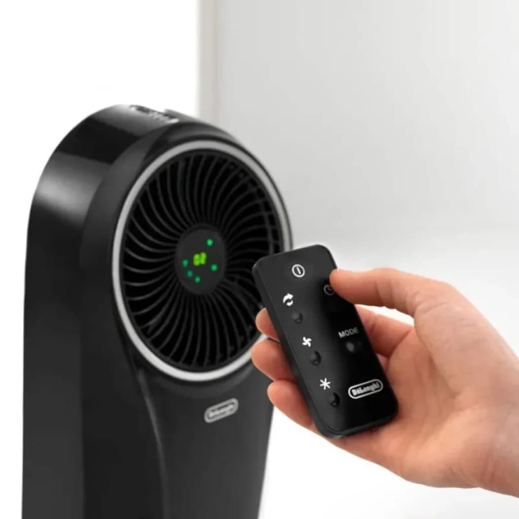 DeLonghi EV250 Noir climatiseur évaporatif avec télécommande, façade noire élégante, grille circulaire et voyants LED verts pour modes et puissance