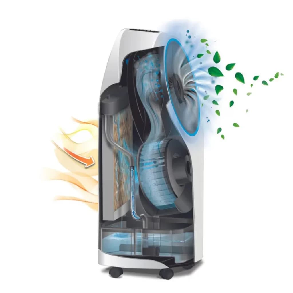 De'Longhi EV250 Climatiseur évaporatif avec coupe transversale: ventilateur, filtre humide, réservoir d’eau, flux d’air frais, roulettes