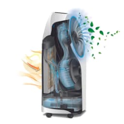 De'Longhi EV250 Climatiseur évaporatif avec coupe transversale: ventilateur, filtre humide, réservoir d’eau, flux d’air frais, roulettes