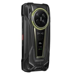 Doogee V Max 2 5G negro robusto con carcasa IP68, gran módulo circular de triple cámara, pantalla lateral de estado y detalles verdes; diseño resistente y