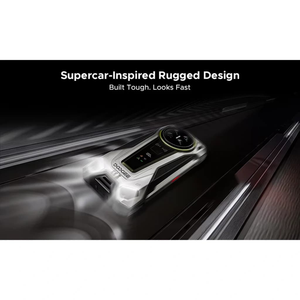 Doogee V Max 2 5G noir au design robuste inspiré supercar, module arrière futuriste avec cadran circulaire lumineux, finitions métalliques et lignes