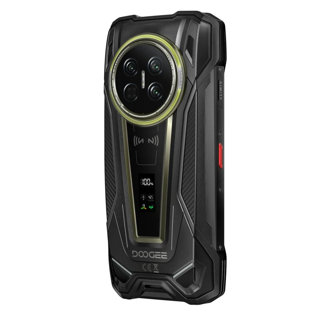 Doogee V Max 2 5G preto robusto com corpo reforçado, módulo de câmeras redondo com aro luminoso, tela frontal ampla e display secundário traseiro - Item2