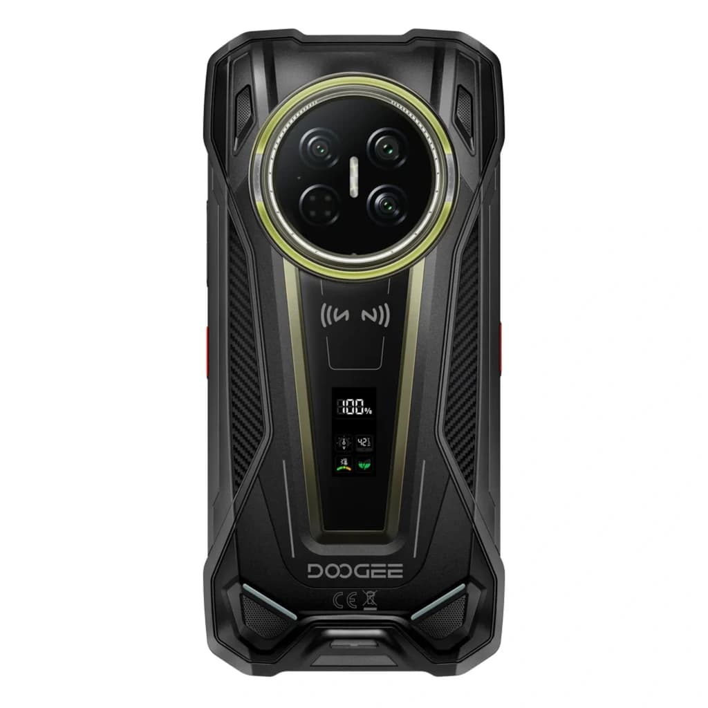 Doogee V Max 2 5G negro robusto con carcasa rugerizada, gran módulo circular de triple cámara, anillo LED, pantalla mini frontal y detalles dorados IP68