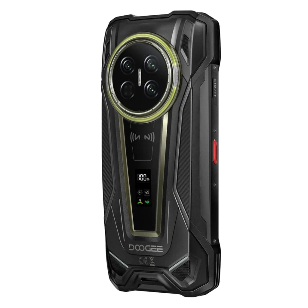 Doogee V Max 2 Pro 5G noir robuste IP68, dos texturé, triple module photo circulaire, écran secondaire vertical, bouton latéral rouge, finitions métalliques