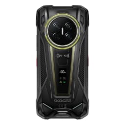 Dos robuste noir du Doogee V Max 2 Pro 5G avec module photo circulaire triple, anneau lumineux, lecteur NFC, petit écran secondaire et finitions métalliques