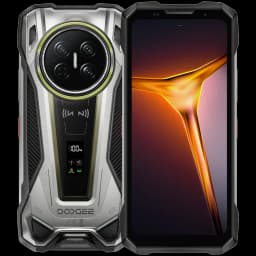 Smartphone robuste argenté avec coque renforcée, module photo circulaire triple, écran large bordures noires, indicateur LED et mini écran arrière de